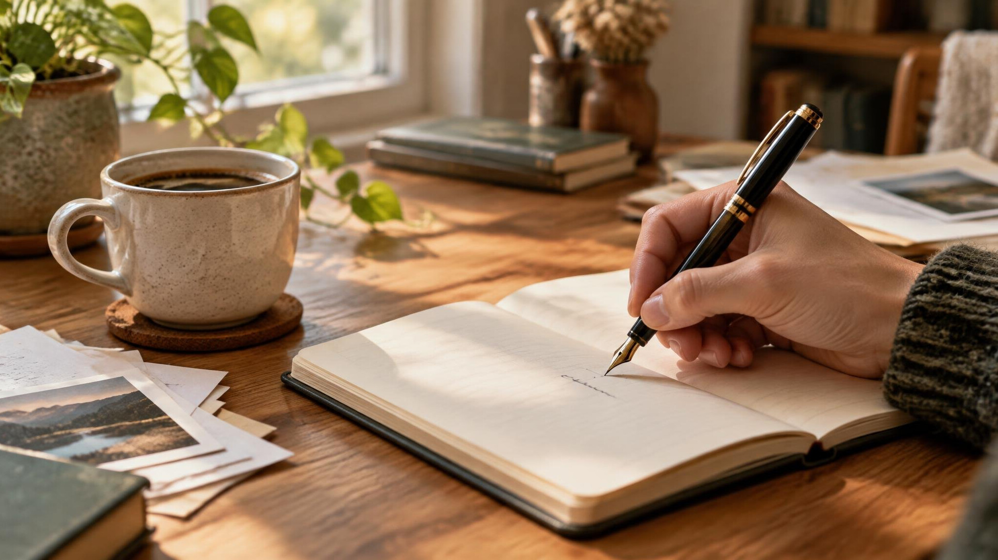 Hand writing notes in an open notebook beside a cup of coffee
