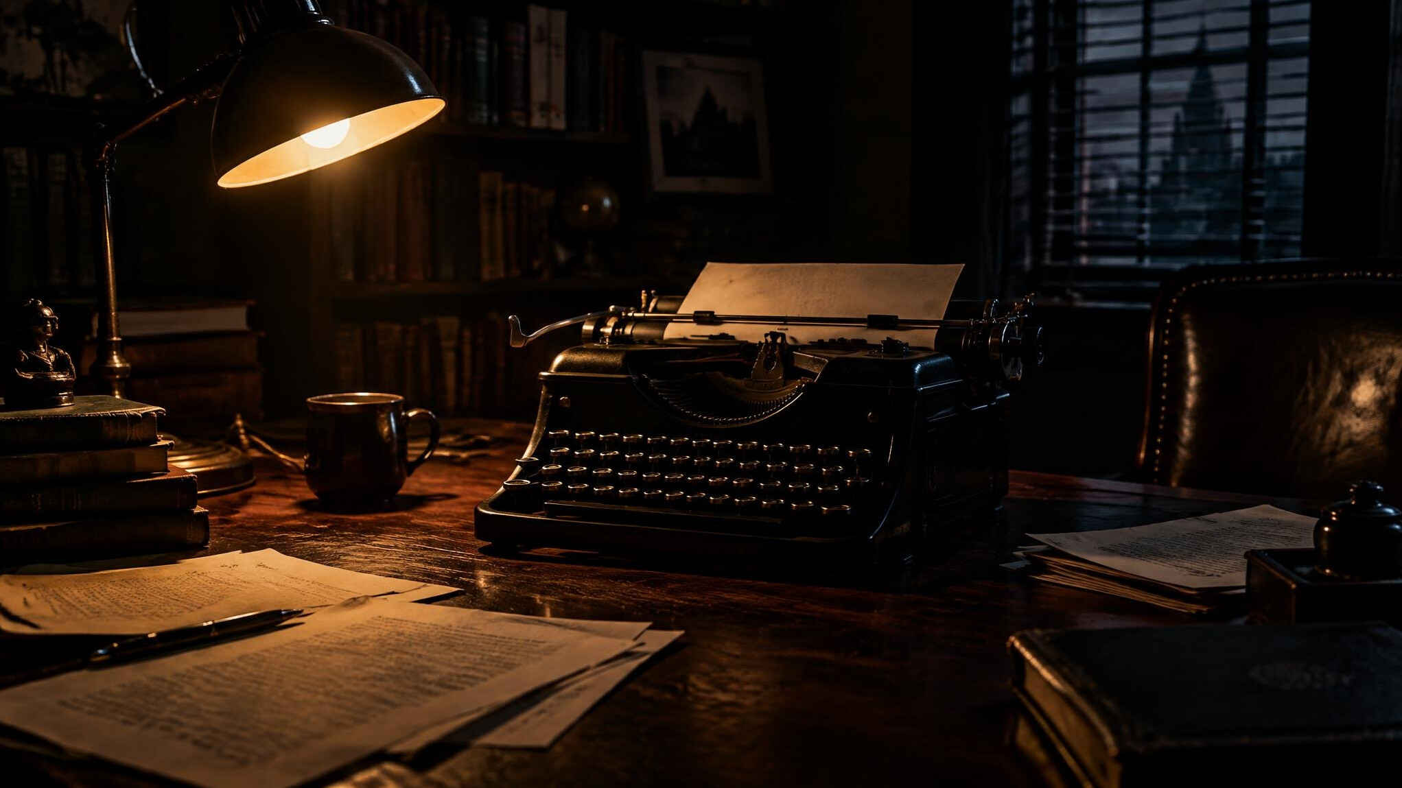 Vintage typewriter with manuscript pages on a dark wooden desk lit by a lamp
