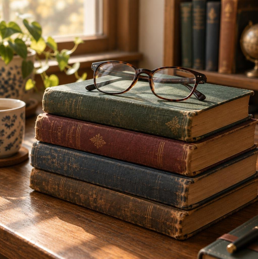 Stack of old hardcover books with reading glasses on top