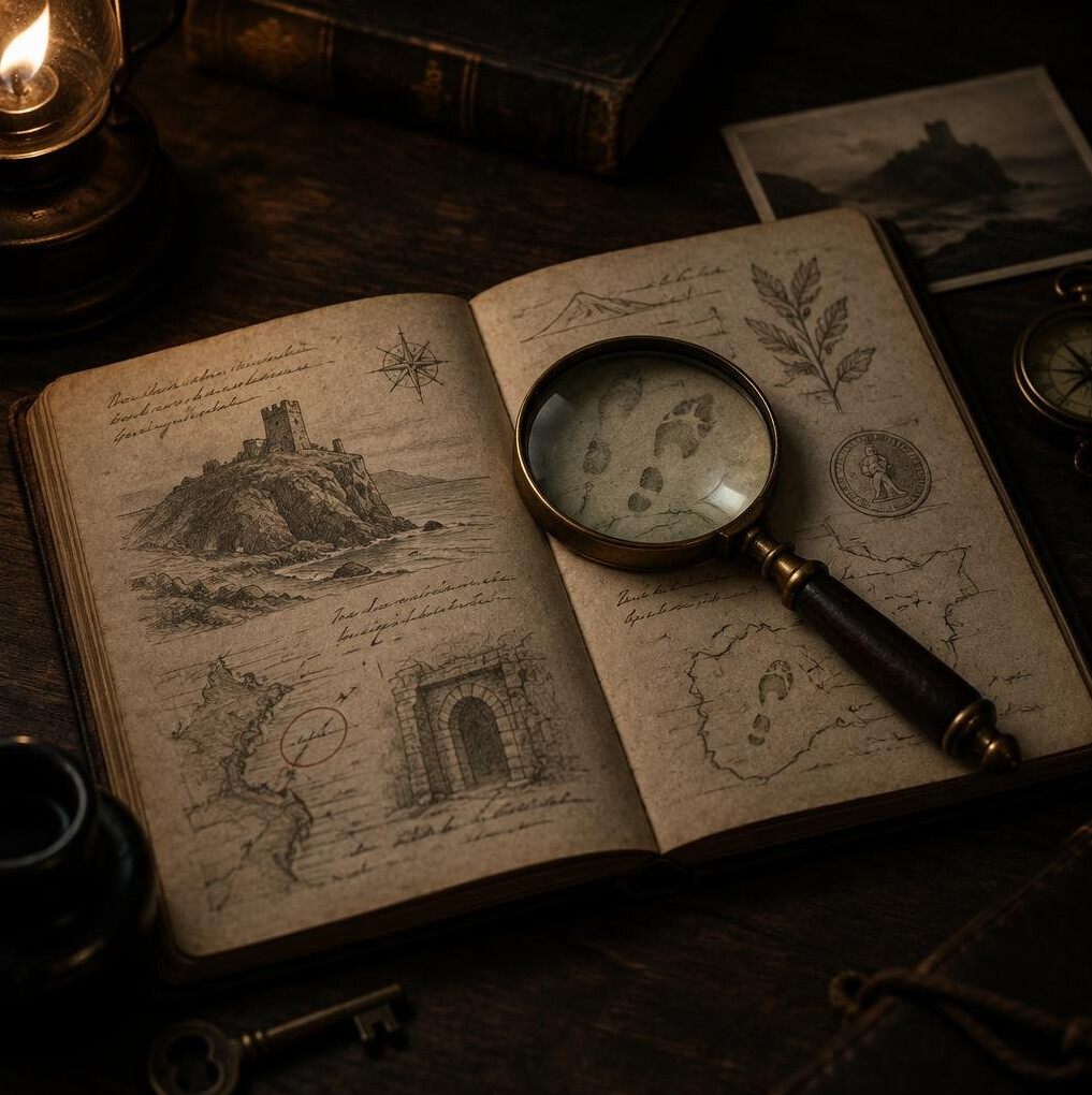 Open notebook with handwritten notes and a magnifying glass on a dark table