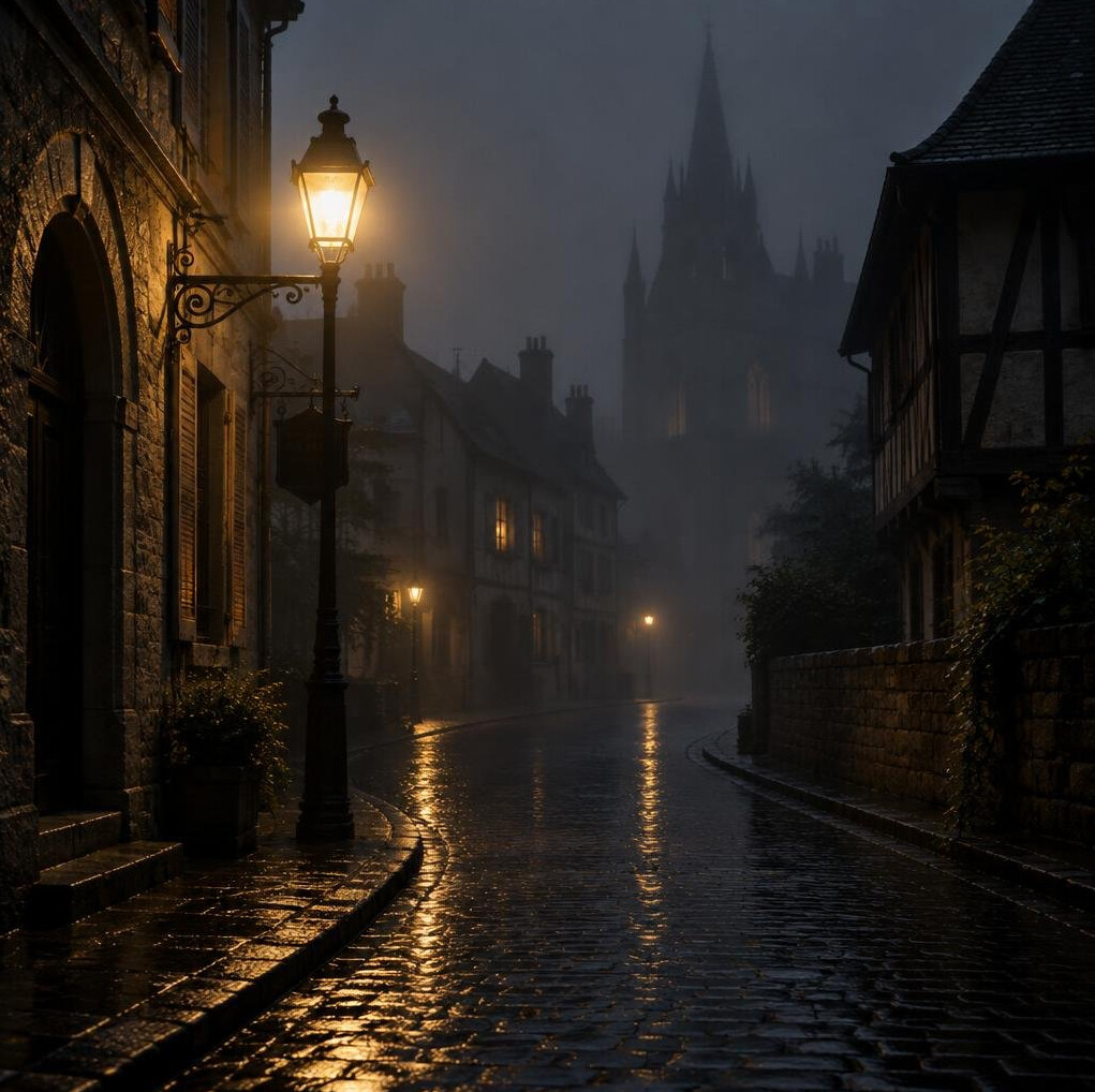 Foggy old European street at night with dim street lamps